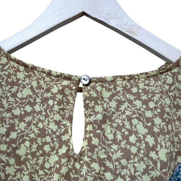 LOGO Lori Goldstein Blouse Large Blue Yellow Floral Ruffle Hem Boho Womens Top - Picture 6 of 7